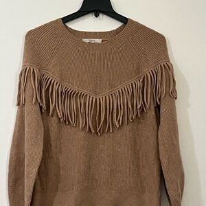 LOFT Stylish Tan Fringe Ribbed Crewneck Sweater, Size XL